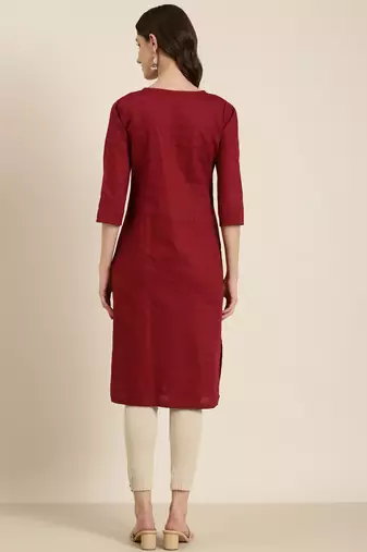 women's calf length round neck maroon solid straight kurta