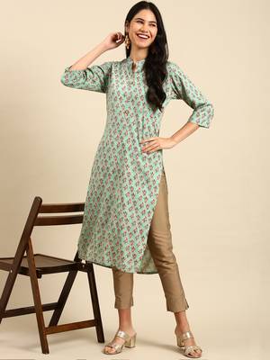 Showoff women's calf length mandarin collar sea green floral straight kurta 5