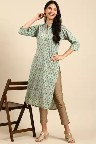 Showoff women's calf length mandarin collar sea green floral straight kurta