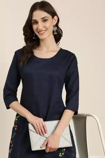 women's calf length round neck navy blue solid straight kurta