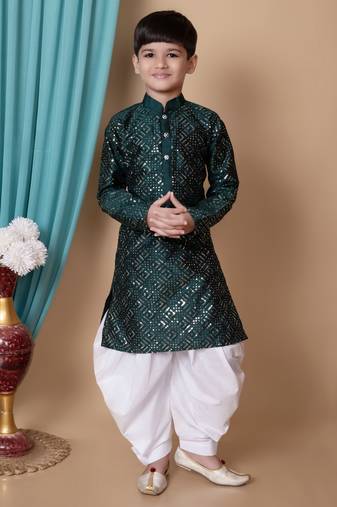embroidery & sequins work dupion silk kurta and cotton patiyala set for boys