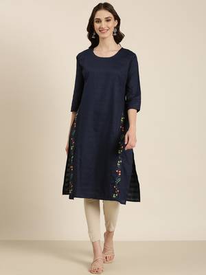women's calf length round neck navy blue solid straight kurta 1