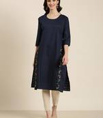 women's calf length round neck navy blue solid straight kurta