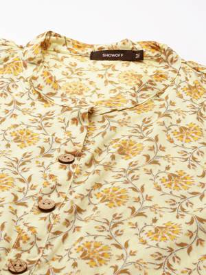 Showoff women's calf length mandarin collar yellow floral straight kurta 2