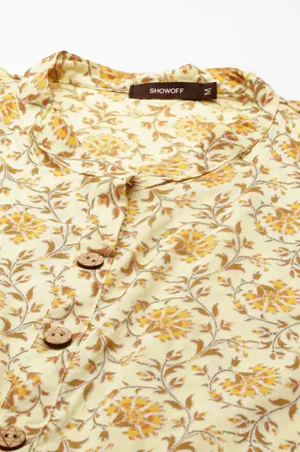 Showoff women's calf length mandarin collar yellow floral straight kurta