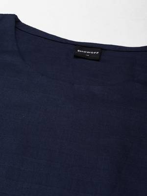 women's calf length round neck navy blue solid straight kurta 3