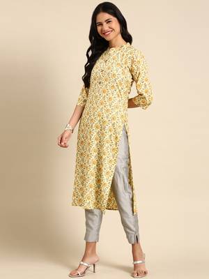 Showoff women's calf length mandarin collar yellow floral straight kurta 3