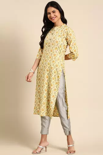 Showoff women's calf length mandarin collar yellow floral straight kurta