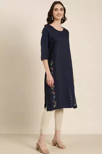 women's calf length round neck navy blue solid straight kurta