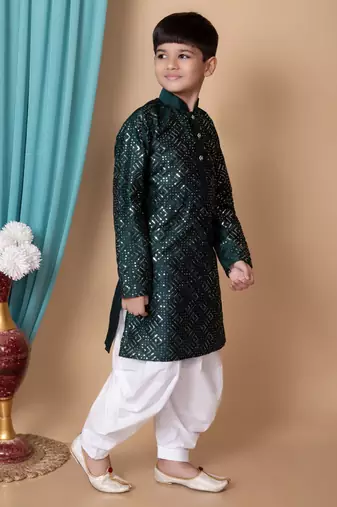 embroidery & sequins work dupion silk kurta and cotton patiyala set for boys