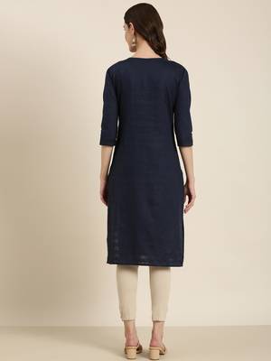 women's calf length round neck navy blue solid straight kurta 5