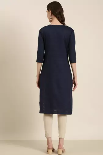women's calf length round neck navy blue solid straight kurta