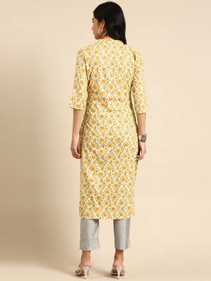 Showoff women's calf length mandarin collar yellow floral straight kurta 4