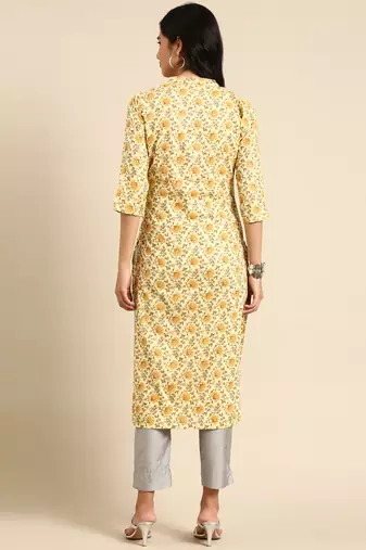 Showoff women's calf length mandarin collar yellow floral straight kurta