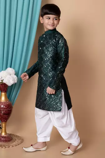 embroidery & sequins work dupion silk kurta and cotton patiyala set for boys