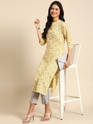 Showoff women's calf length mandarin collar yellow floral straight kurta 5