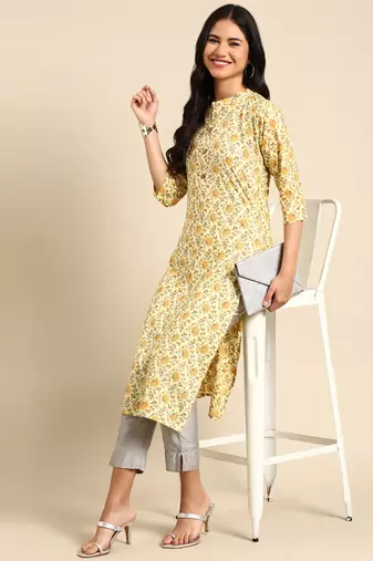 Showoff women's calf length mandarin collar yellow floral straight kurta