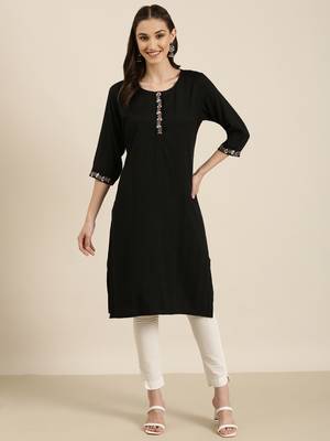 women's knee length round neck black solid straight kurta 1