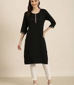 women's knee length round neck black solid straight kurta