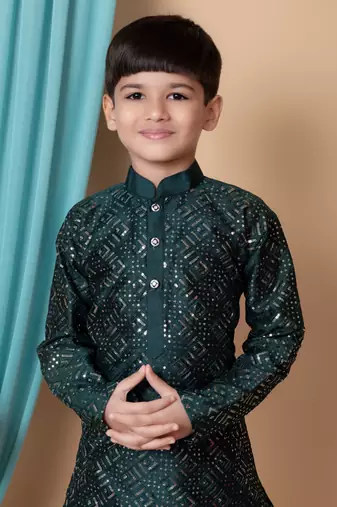 embroidery & sequins work dupion silk kurta and cotton patiyala set for boys