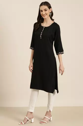 women's knee length round neck black solid straight kurta