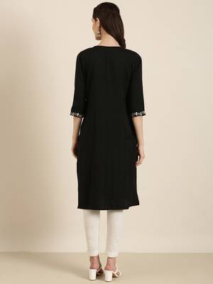 women's knee length round neck black solid straight kurta 5