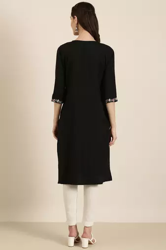 women's knee length round neck black solid straight kurta