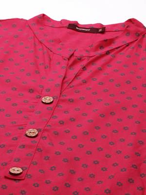 Showoff women's calf length mandarin collar pink floral straight kurta 2