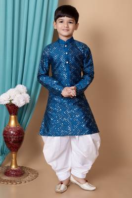 Blue embroidery & sequins work dupion silk kurta and cotton patiyala set for boys 1