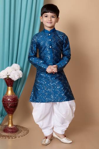 Blue embroidery & sequins work dupion silk kurta and cotton patiyala set for boys