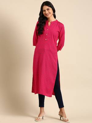 Showoff women's calf length mandarin collar pink floral straight kurta 3