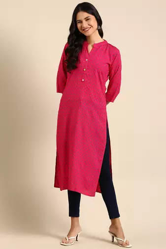 Showoff women's calf length mandarin collar pink floral straight kurta