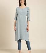 women's calf length round neck blue solid straight kurta