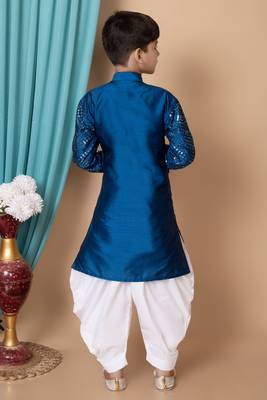 Blue embroidery & sequins work dupion silk kurta and cotton patiyala set for boys 2