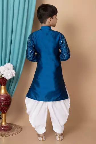 Blue embroidery & sequins work dupion silk kurta and cotton patiyala set for boys