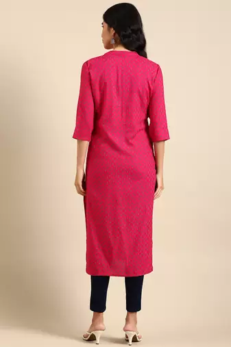 Showoff women's calf length mandarin collar pink floral straight kurta