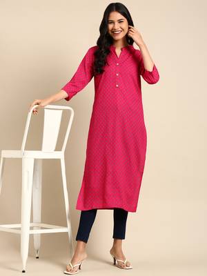 Showoff women's calf length mandarin collar pink floral straight kurta 5