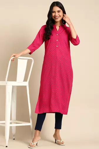 Showoff women's calf length mandarin collar pink floral straight kurta