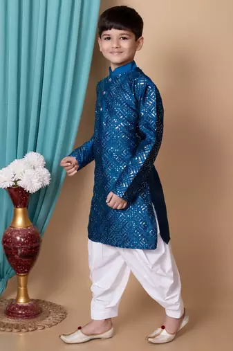 Blue embroidery & sequins work dupion silk kurta and cotton patiyala set for boys