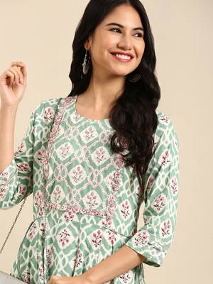 women's ankle length round neck sea green ethnic motifs anarkali kurta 1