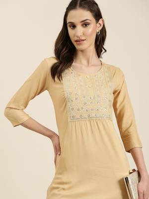 women's calf length round neck beige solid straight kurta 1