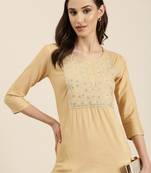 women's calf length round neck beige solid straight kurta