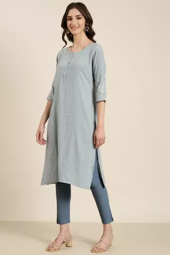 women's calf length round neck blue solid straight kurta