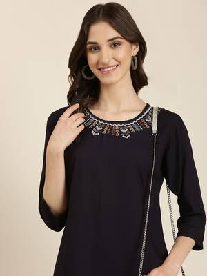 women's calf length round neck navy blue solid straight kurta 2