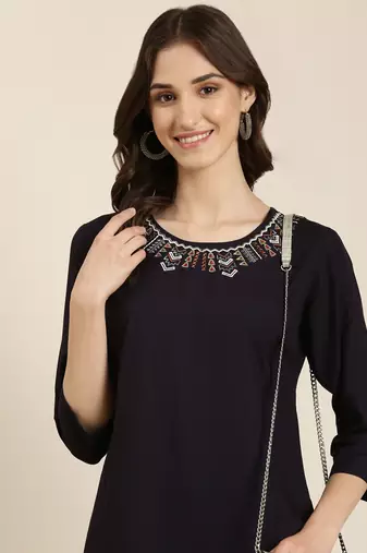 women's calf length round neck navy blue solid straight kurta