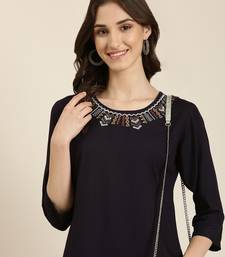 women's calf length round neck navy blue solid straight kurta