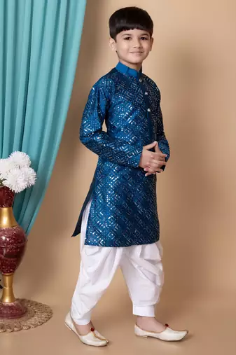 Blue embroidery & sequins work dupion silk kurta and cotton patiyala set for boys