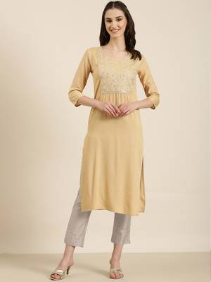 women's calf length round neck beige solid straight kurta 2