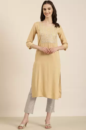 women's calf length round neck beige solid straight kurta