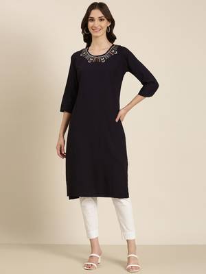 women's calf length round neck navy blue solid straight kurta 1
